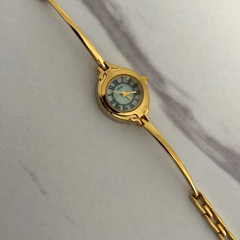 Sku0443 Retro Retro Gold Blue dial Women Casual‎ Round Watch Bracelet + gift bag